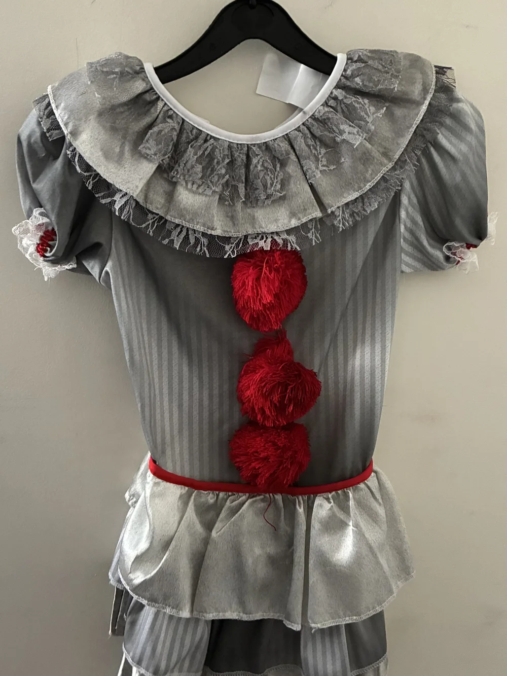 Kids Silver Clown Costume Dress with Red Pom-Pom Accents